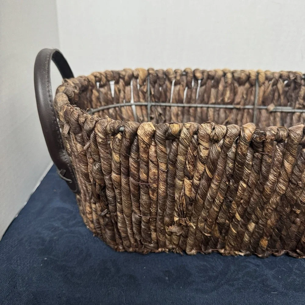 Long Wicker Basket Container Brown‎ Seagrass Leather Handles Metal Frame 19.5